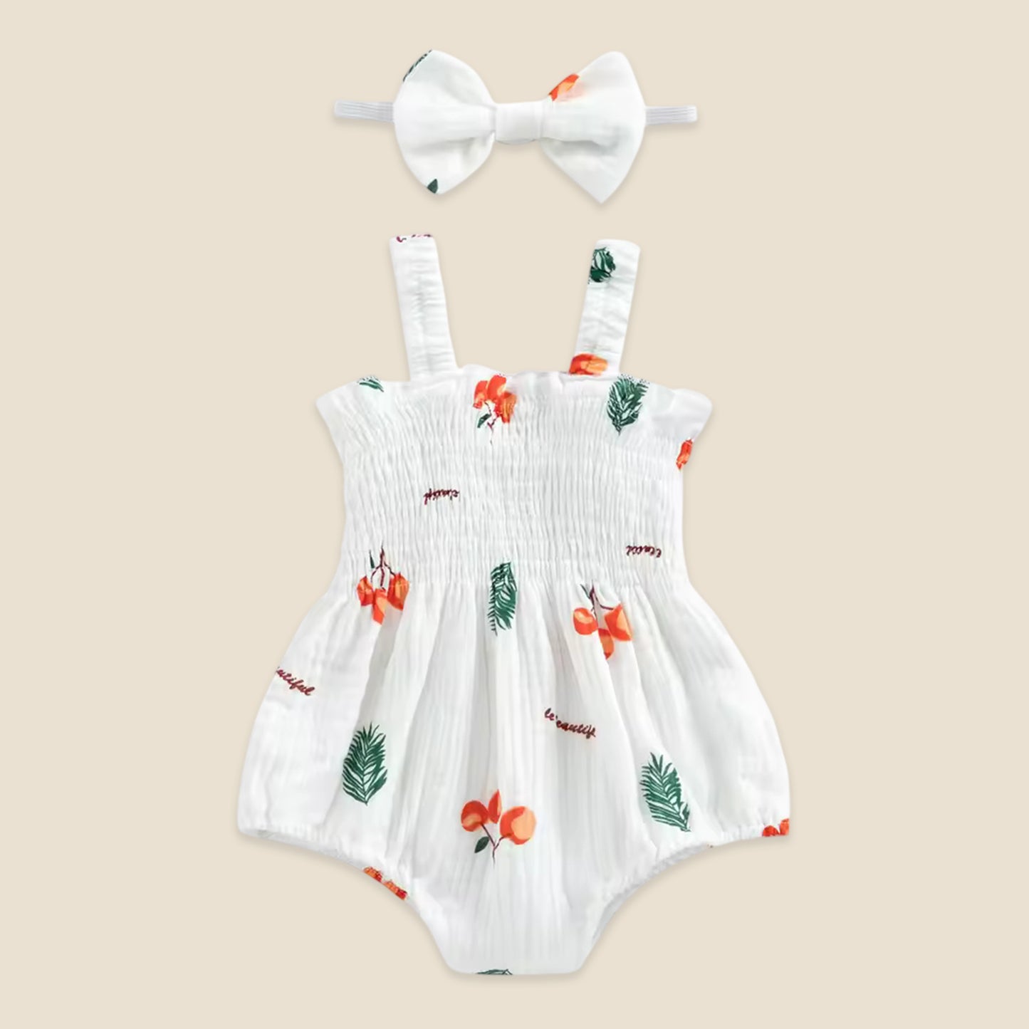 Newborn Baby Girl 2Pcs Summer Set - Sleeveless Printed Jumpsuit with Bow Headband - Soft Breathable Playsuit 0-18 Months