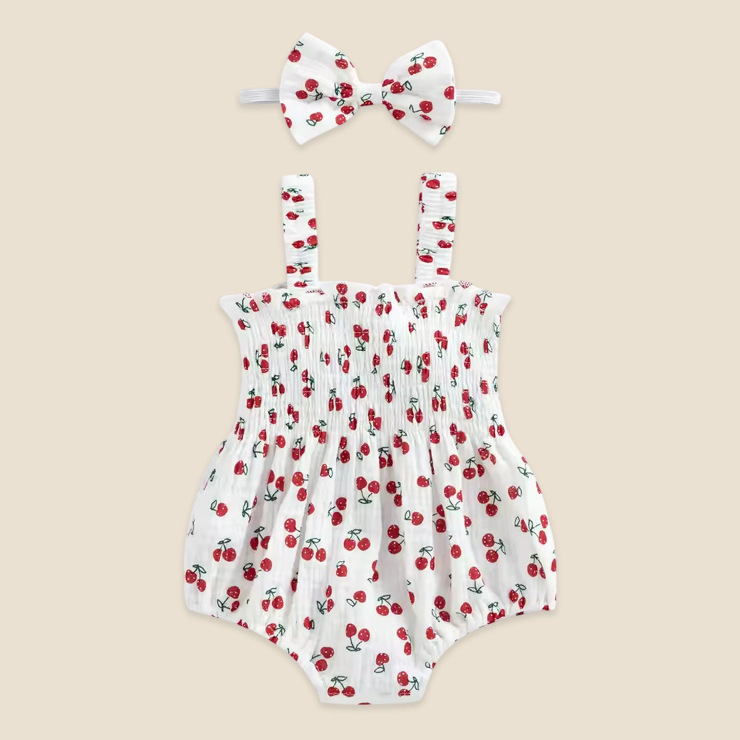 Newborn Baby Girl 2Pcs Summer Set - Sleeveless Printed Jumpsuit with Bow Headband - Soft Breathable Playsuit 0-18 Months