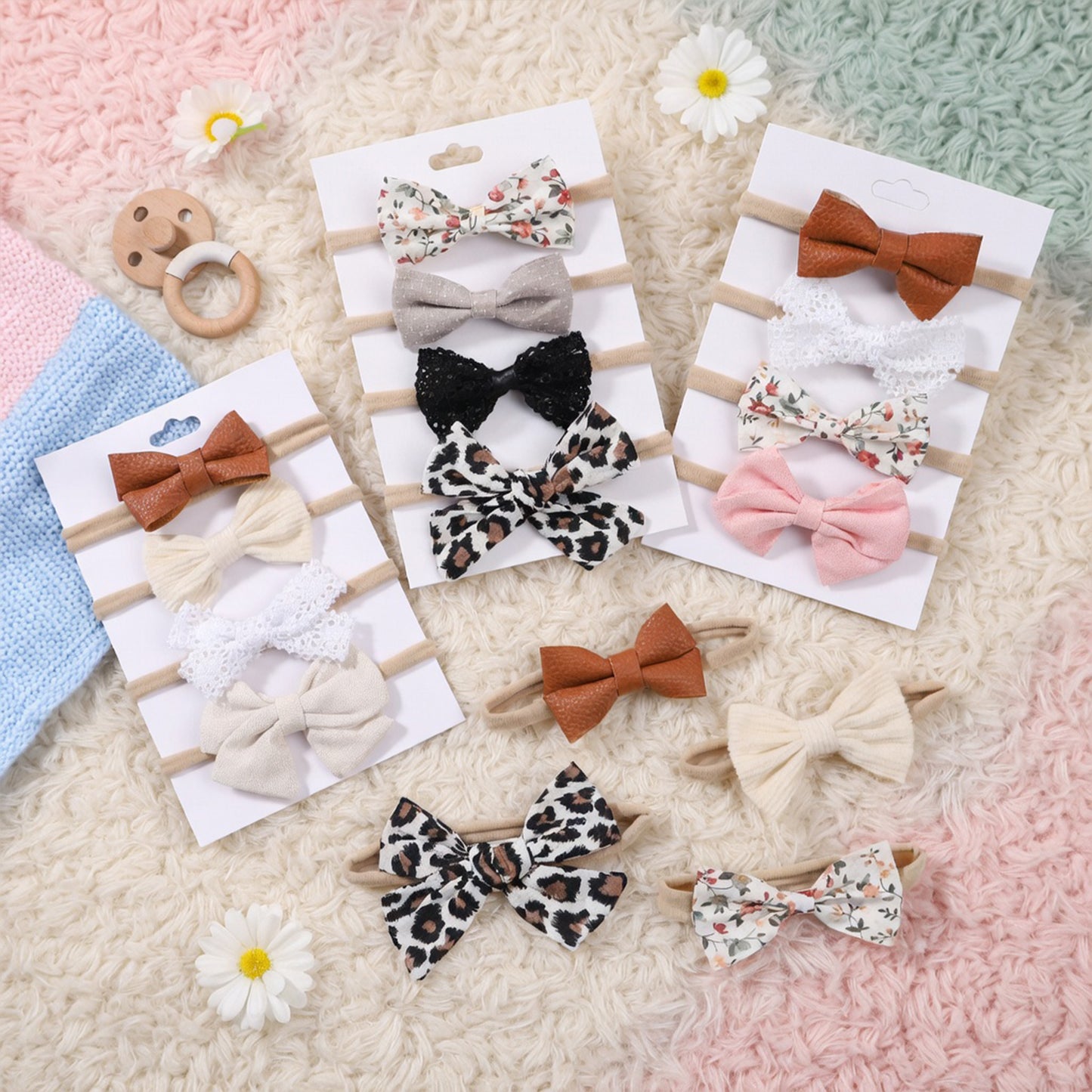 4-5Pcs/Set Baby Bow Headbands - Cotton Linen & Lace Fabric - Leopard Print Newborn Hair Accessories for Girls