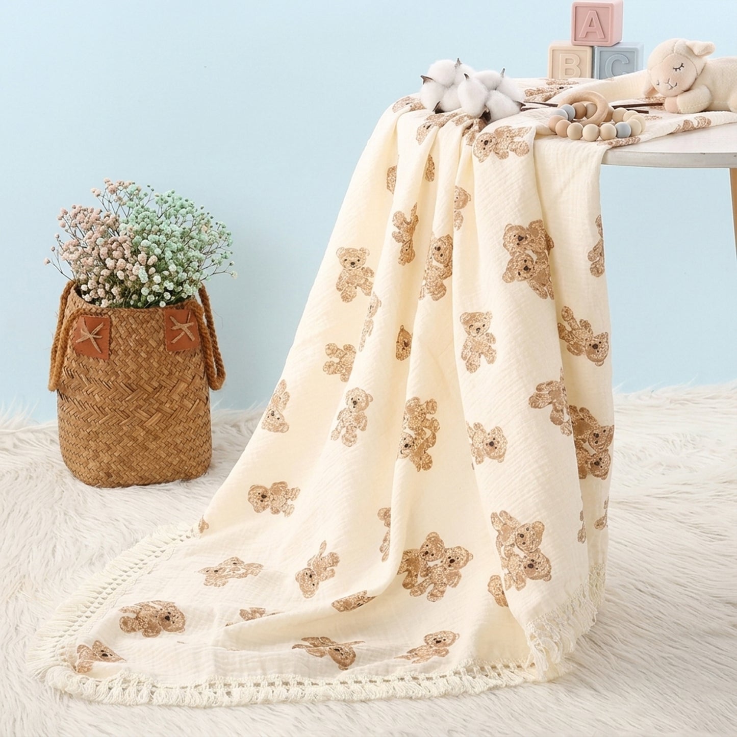 Cute Bear Plaid Muslin Baby Blanket - 100% Cotton Soft Swaddle - Breathable Summer Comforter for Newborns & Infants