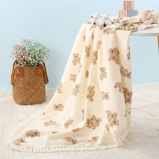 Cute Bear Plaid Muslin Baby Blanket - 100% Cotton Soft Swaddle - Breathable Summer Comforter for Newborns & Infants