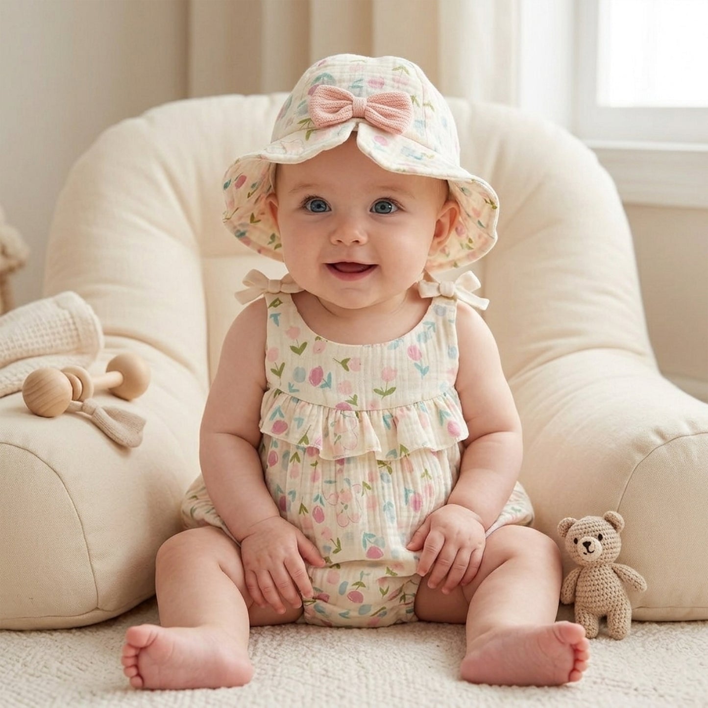 Baby Girl Ruffle Camisole Romper - Cotton Tulip Rabbit Print Jumpsuit & Hat Set - Infant Summer Clothing 0-24M
