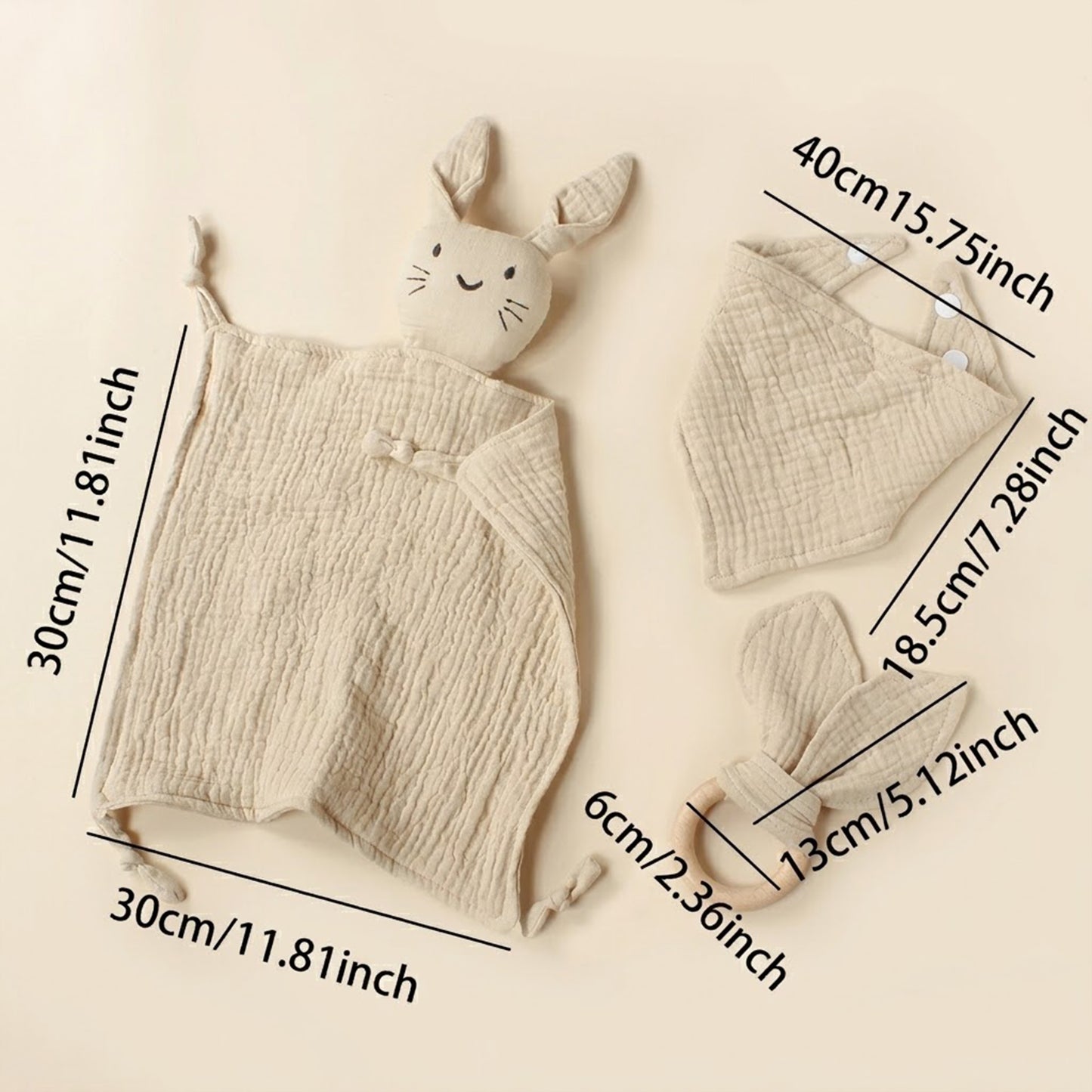 3Pcs Baby Muslin Towel Set - Soft Cotton Triangle Bib & Rabbit Ear Wooden Teether - Premium Saliva & Teething Kit for Newborns