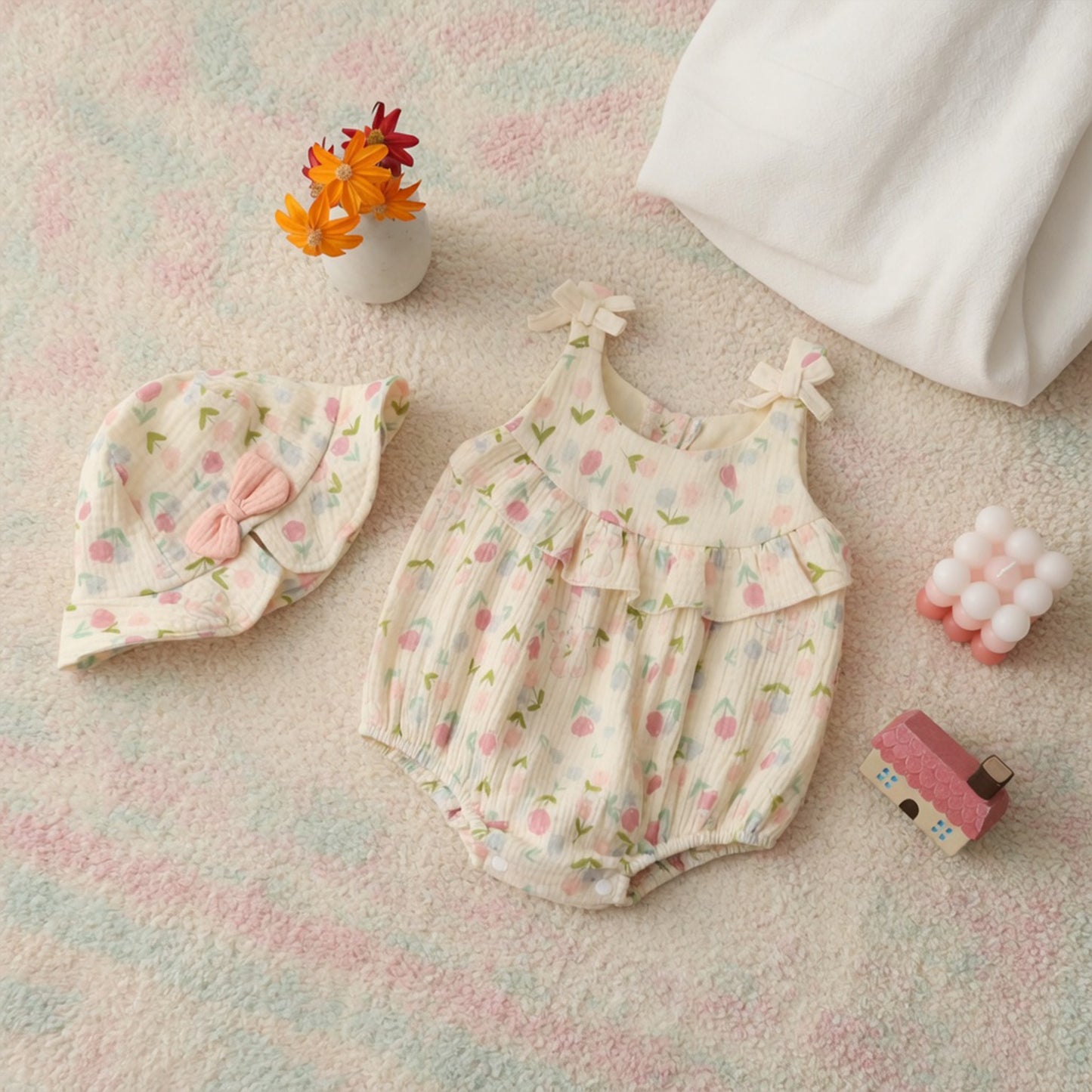 Baby Girl Ruffle Camisole Romper - Cotton Tulip Rabbit Print Jumpsuit & Hat Set - Infant Summer Clothing 0-24M