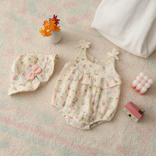 Baby Girl Ruffle Camisole Romper - Cotton Tulip Rabbit Print Jumpsuit & Hat Set - Infant Summer Clothing 0-24M