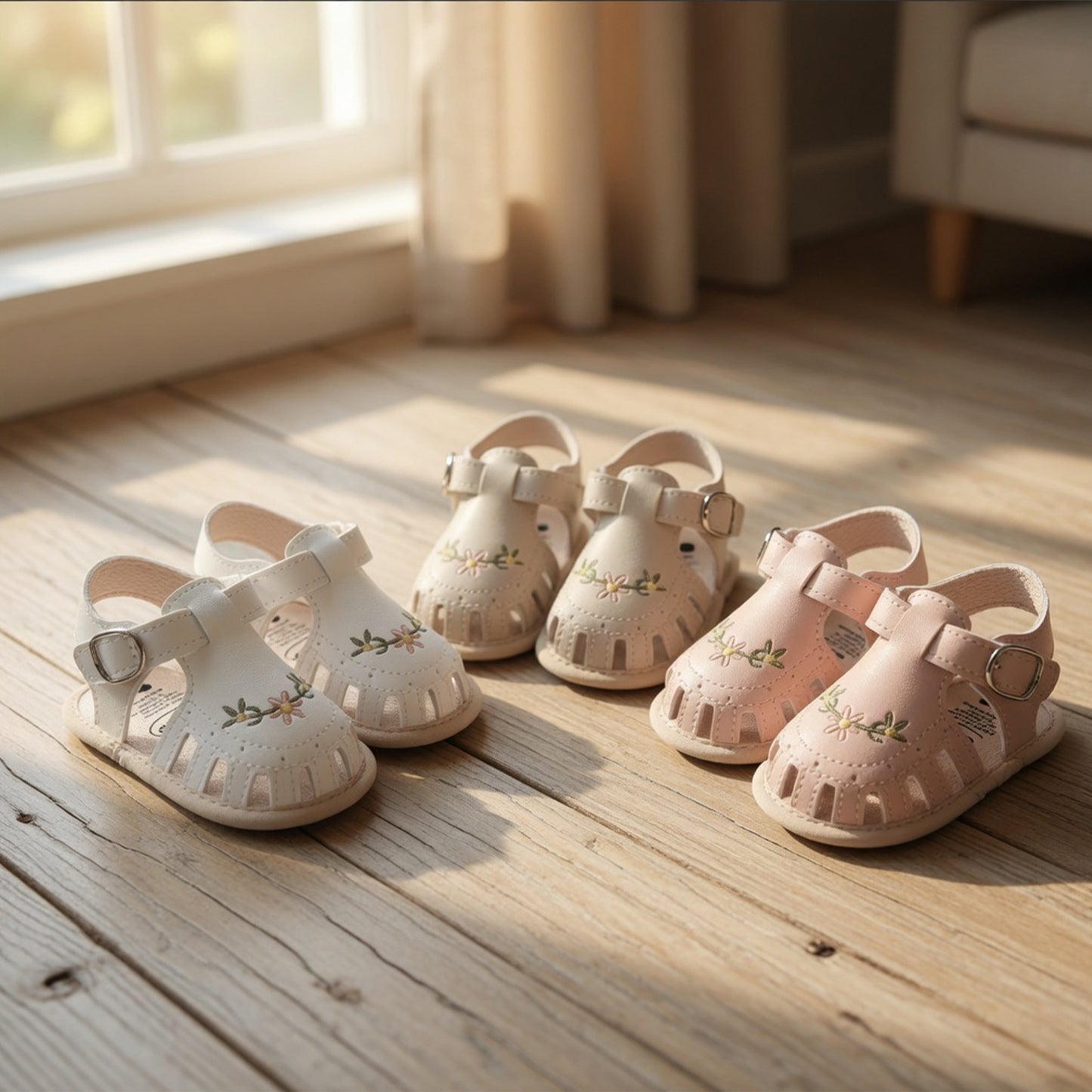 Newborn Summer Leisure Sandals - Lightweight Soft Sole Wrap Toe Summer Shoes - Cute Floral Embroidered First Walkers (0-18M)