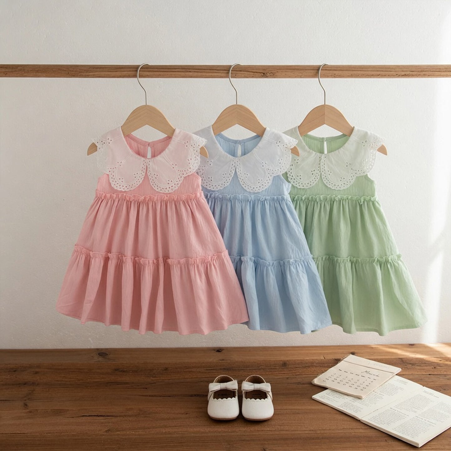 Baby Girl Summer Cotton Dress - Solid Color Lapel Sleeveless Sunsuit - Cute Girls Beach Outfits 0-3Y