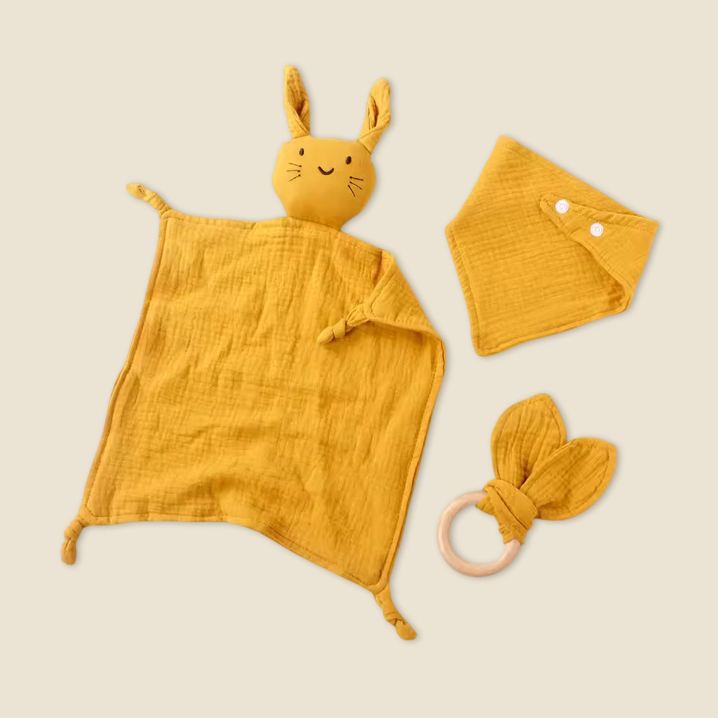 3Pcs Baby Muslin Towel Set - Soft Cotton Triangle Bib & Rabbit Ear Wooden Teether - Premium Saliva & Teething Kit for Newborns
