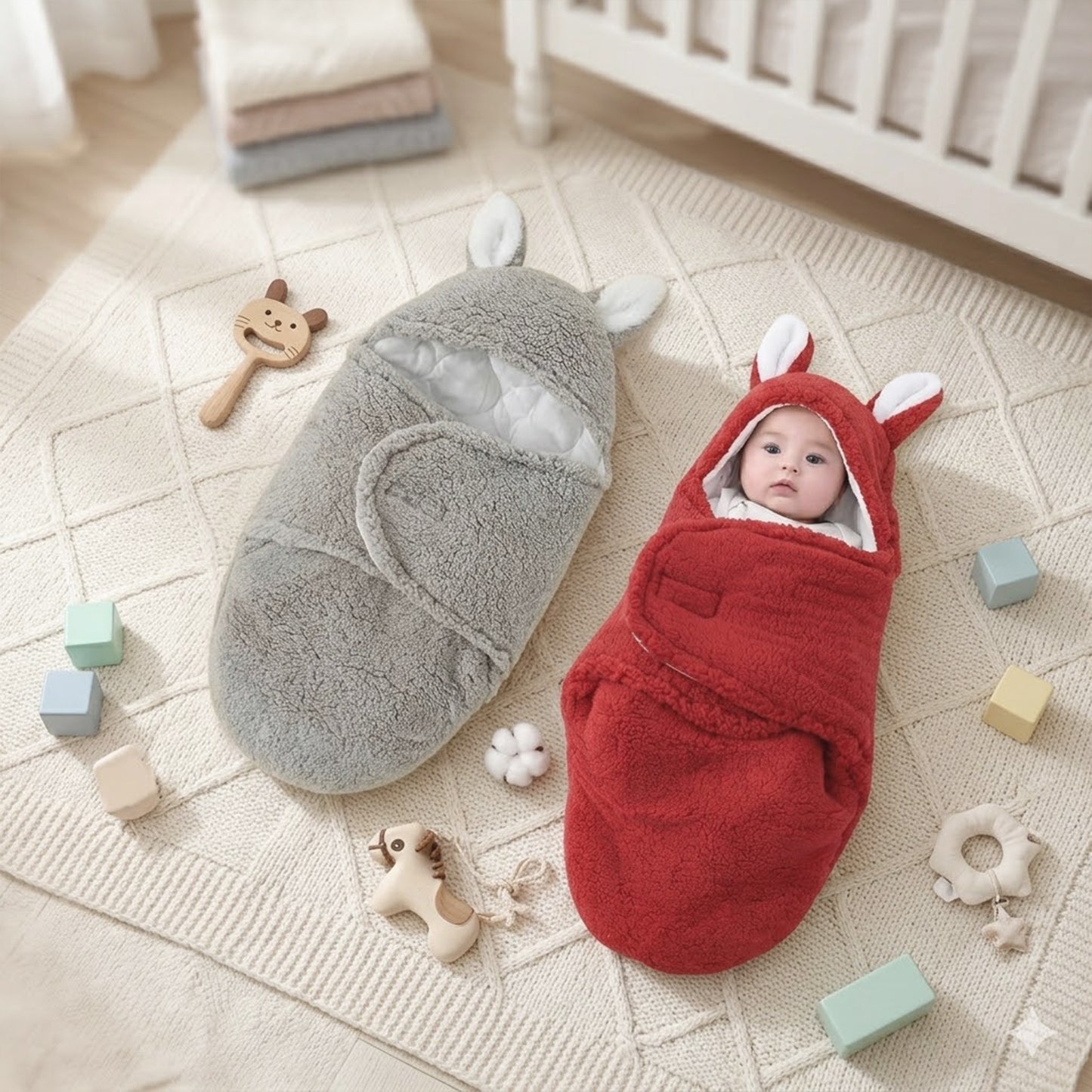 Ultra-Soft Fluffy Fleece Baby Swaddle - Newborn Sleeping Bag with Head Support