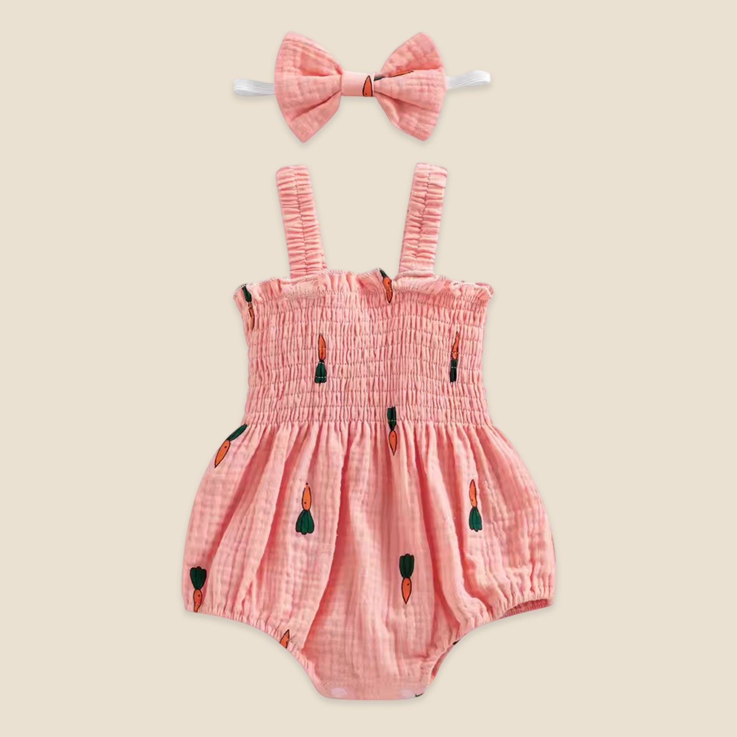 Newborn Baby Girl 2Pcs Summer Set - Sleeveless Printed Jumpsuit with Bow Headband - Soft Breathable Playsuit 0-18 Months