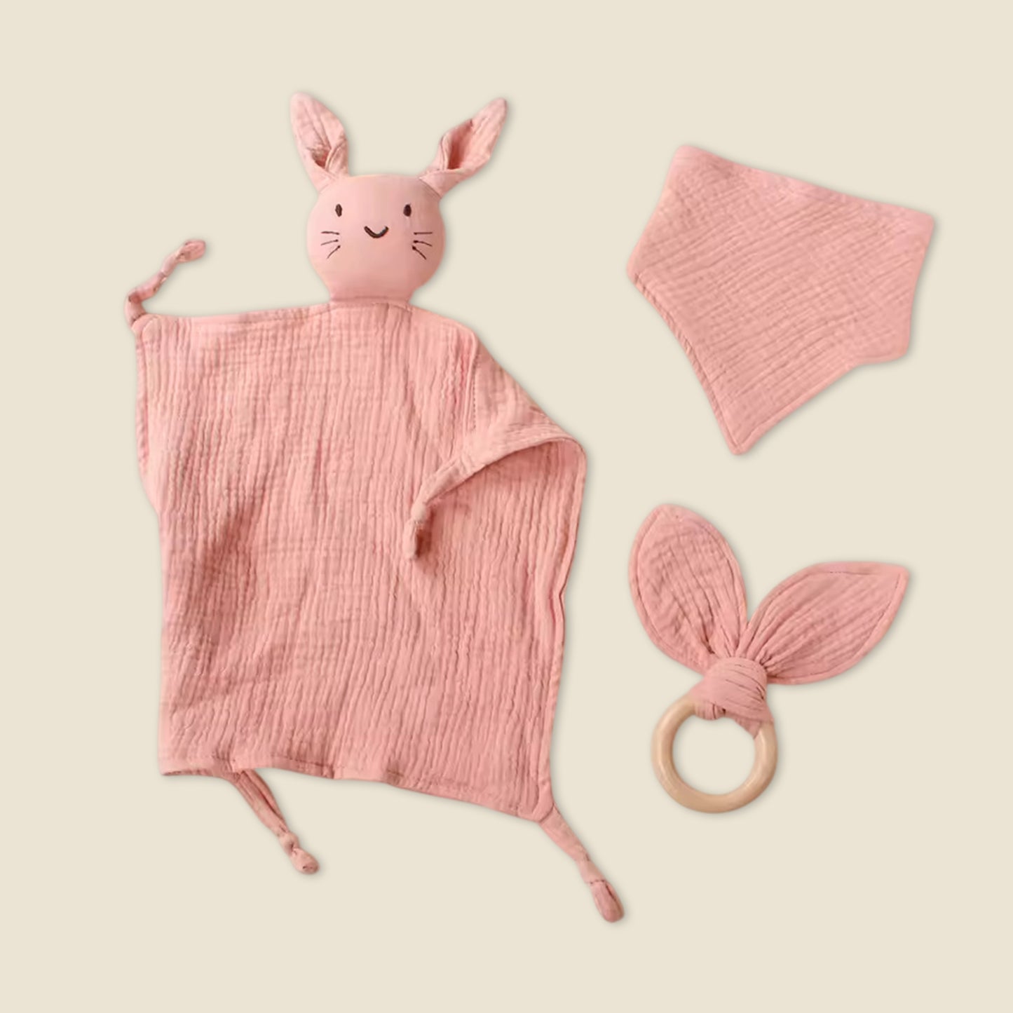 3Pcs Baby Muslin Towel Set - Soft Cotton Triangle Bib & Rabbit Ear Wooden Teether - Premium Saliva & Teething Kit for Newborns