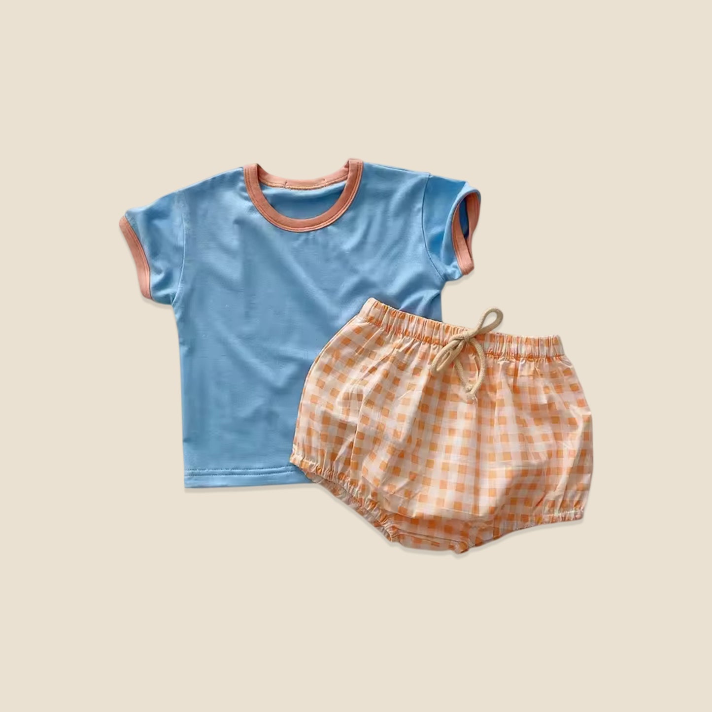 2Pcs Baby Summer Clothing Set - Short Sleeve Tee with Plaid Shorts - Soft Breathable Outfits for Boys & Girls 0-2Y