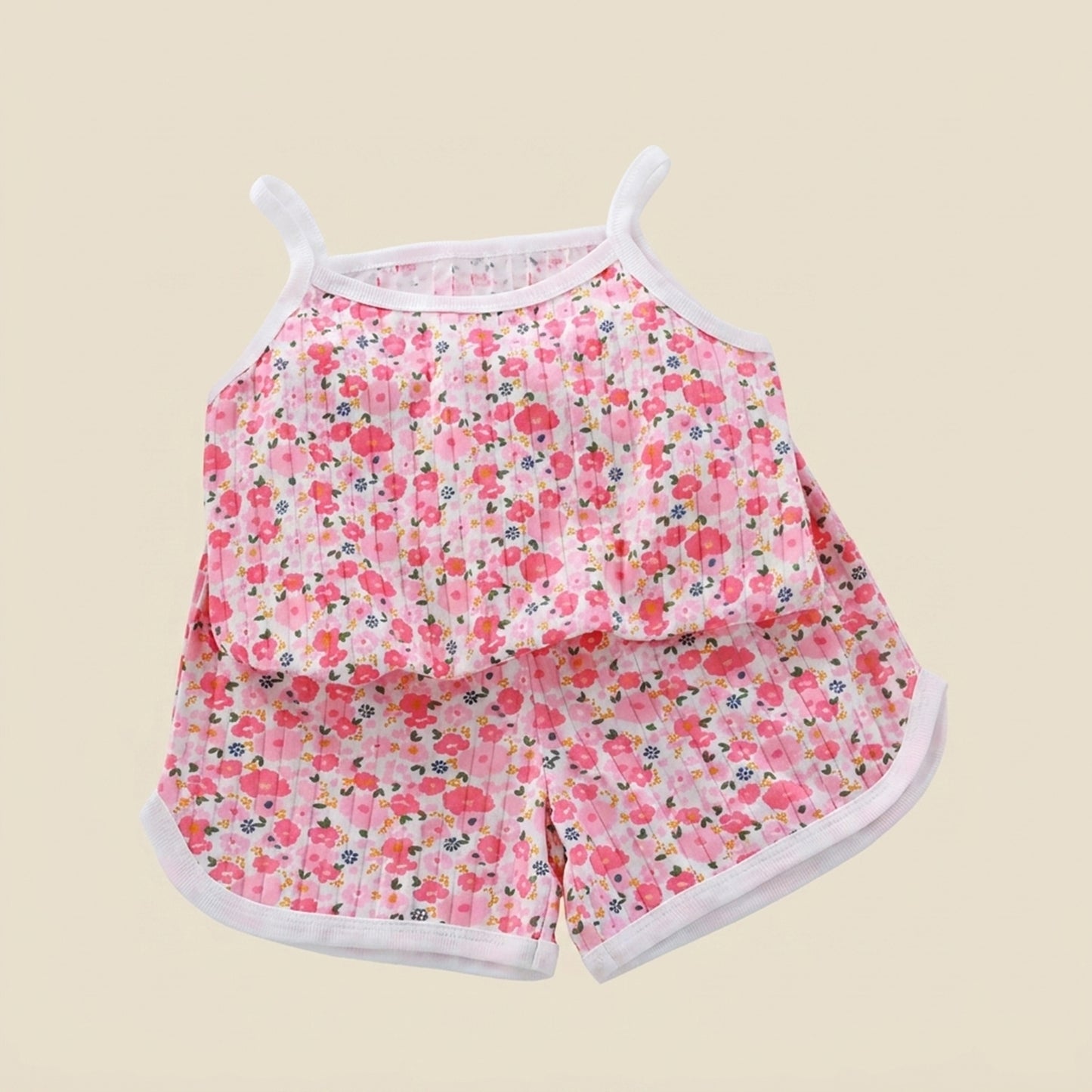 Baby Girl Summer Spaghetti Strap Set - 100% Cotton Camisole & Shorts Outfits - Cute Square Collar Pajamas