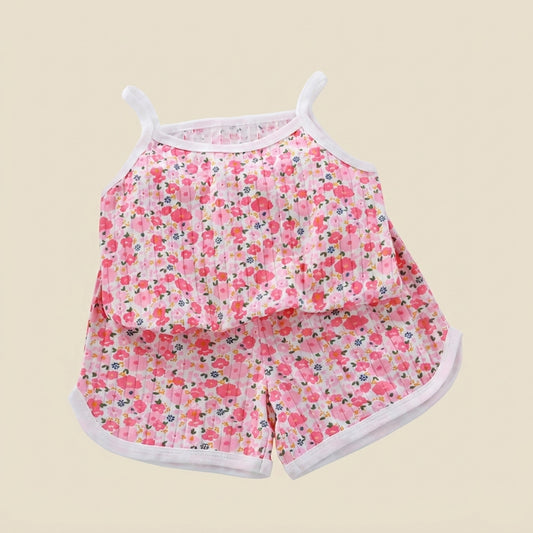 Baby Girl Summer Spaghetti Strap Set - 100% Cotton Camisole & Shorts Outfits - Cute Square Collar Pajamas