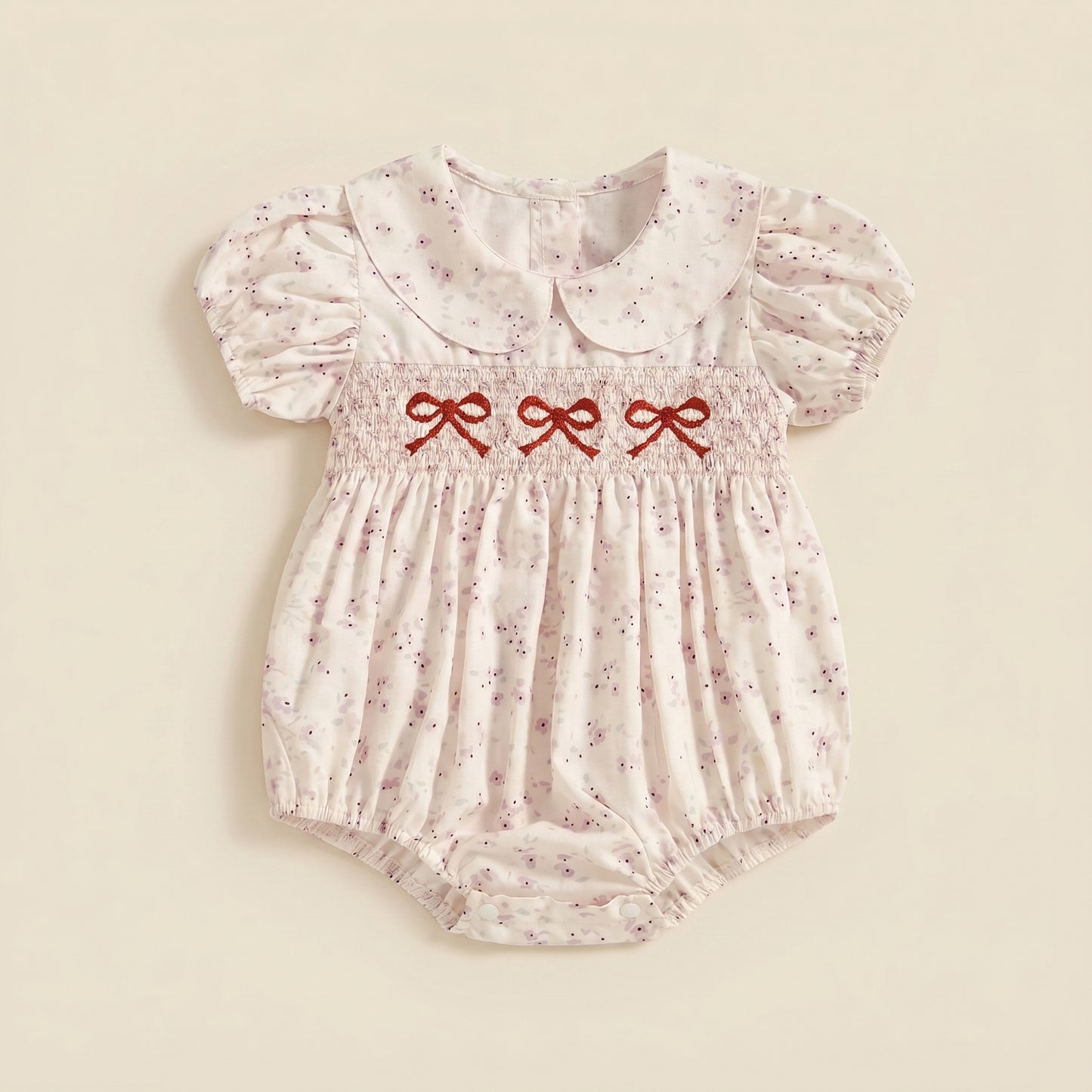 Infant Girl Bowknot Embroidered Romper - Floral Print Doll Collar Jumpsuit - Short Sleeve Bubble Bodysuit 0-18M