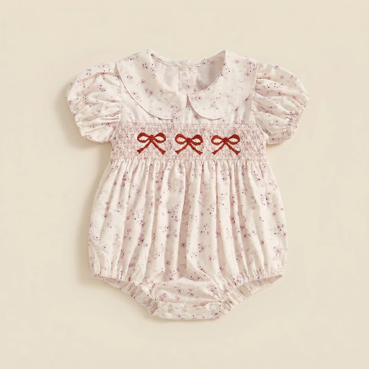 Infant Girl Bowknot Embroidered Romper - Floral Print Doll Collar Jumpsuit - Short Sleeve Bubble Bodysuit 0-18M