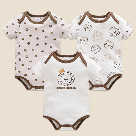 3 Pcs/lot Baby Bodysuit Set - 100% Cotton Short Sleeve Lion Print - Summer Newborn Clothes for 0M-12M