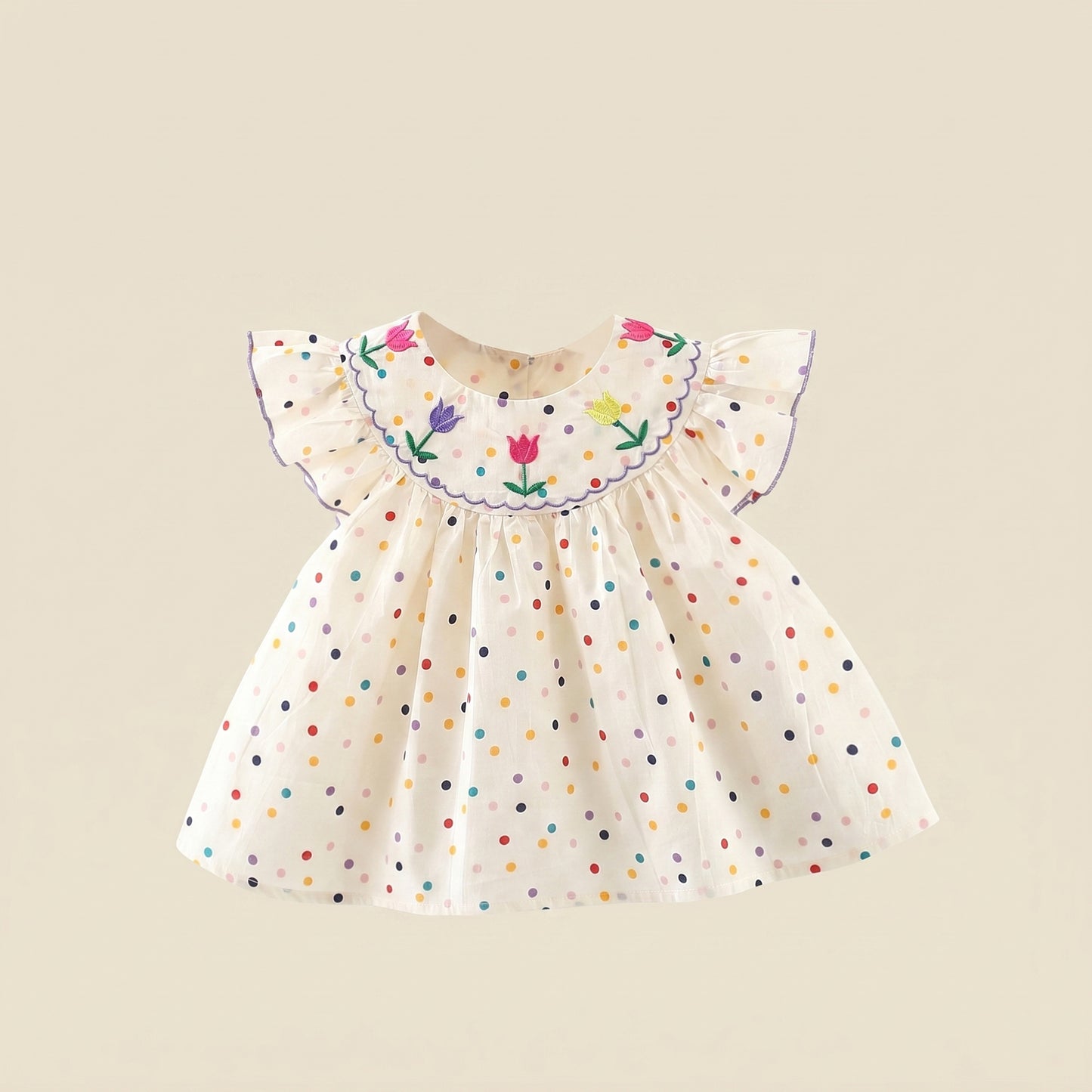 Baby Girl Flower Embroidered Dress - Breathable Polka Dot Printed Cotton Sunsuit - Casual Summer Outfits
