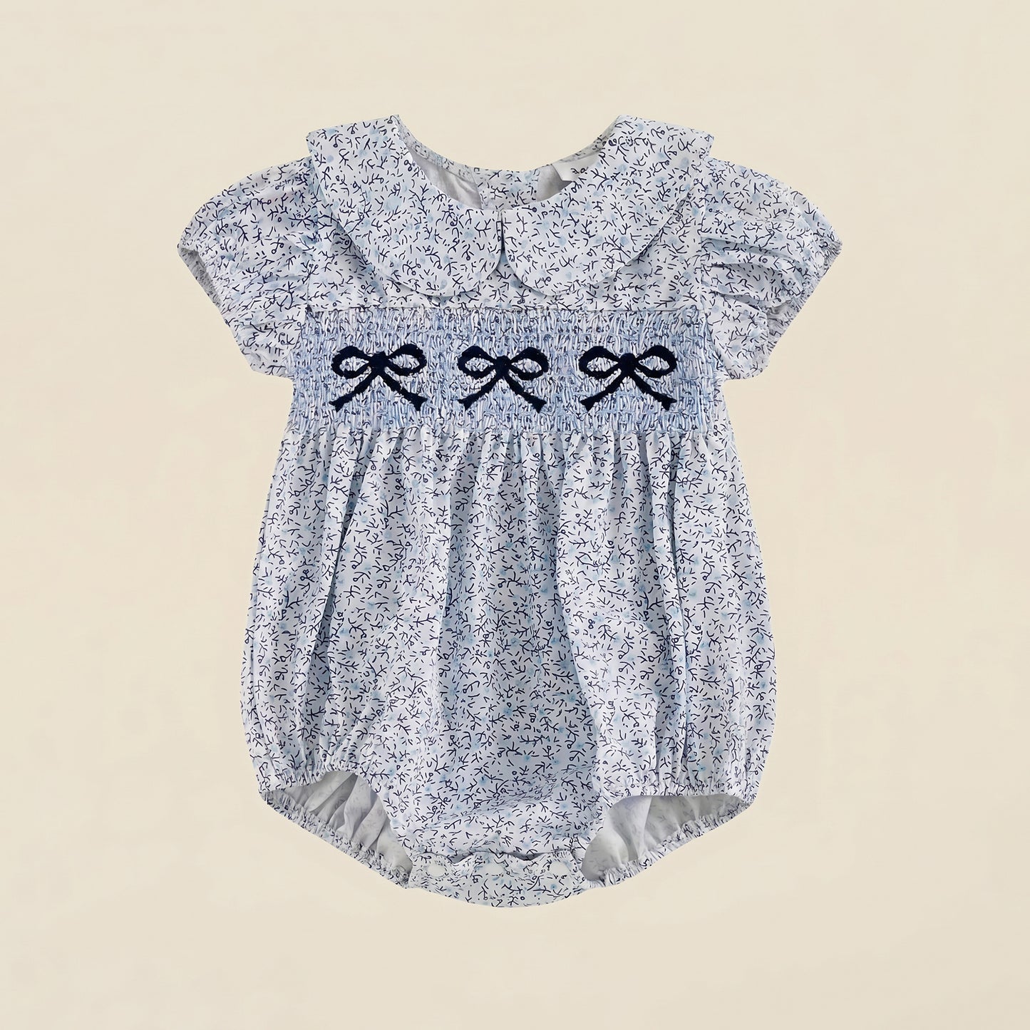 Infant Girl Bowknot Embroidered Romper - Floral Print Doll Collar Jumpsuit - Short Sleeve Bubble Bodysuit 0-18M