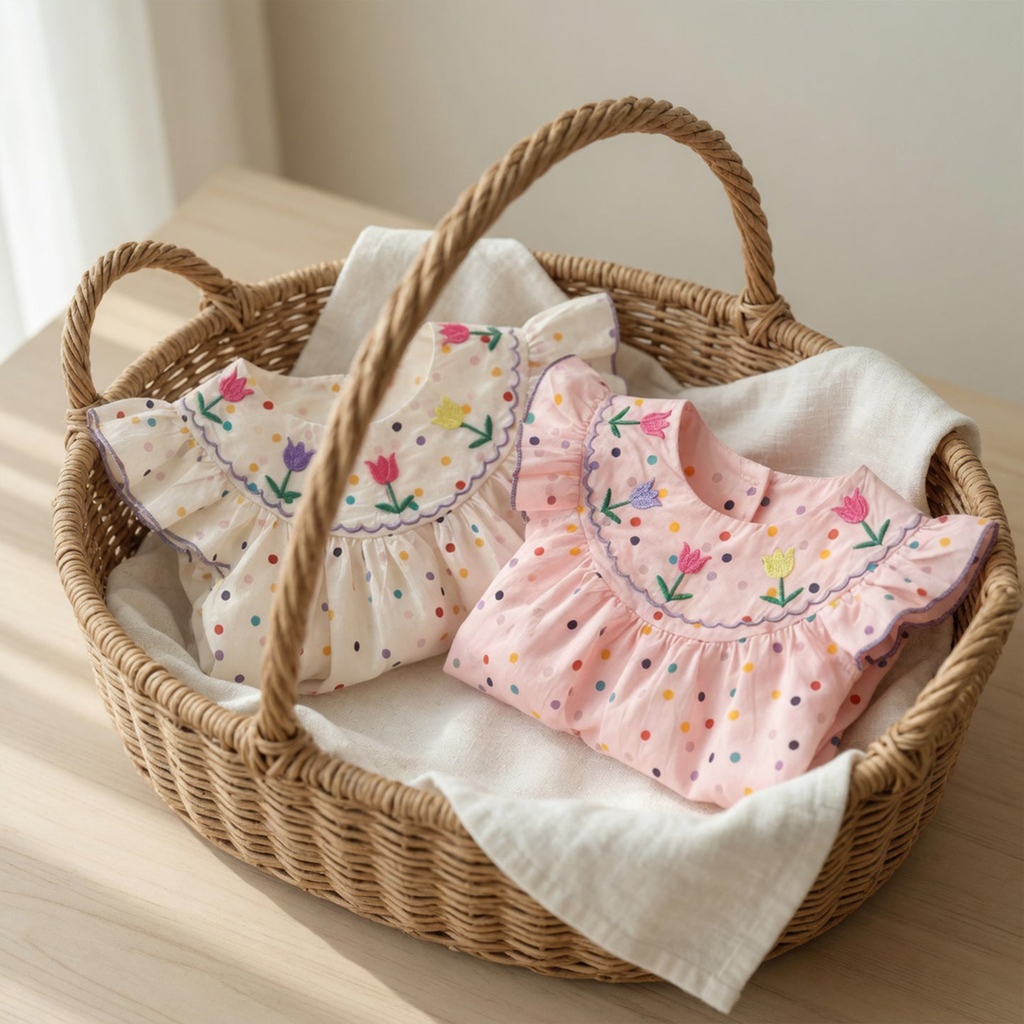 Baby Girl Flower Embroidered Dress - Breathable Polka Dot Printed Cotton Sunsuit - Casual Summer Outfits