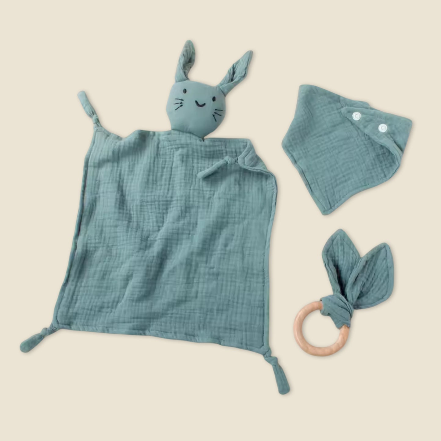 3Pcs Baby Muslin Towel Set - Soft Cotton Triangle Bib & Rabbit Ear Wooden Teether - Premium Saliva & Teething Kit for Newborns