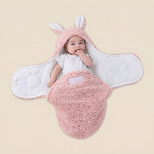 Ultra-Soft Fluffy Fleece Baby Swaddle - Newborn Sleeping Bag with Head Support