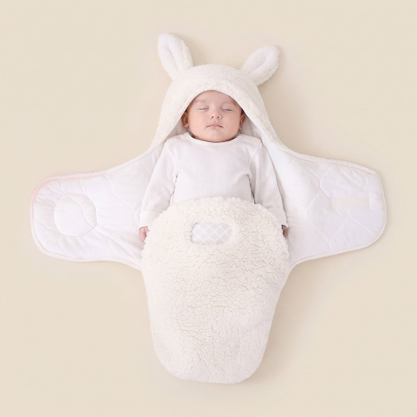 Ultra-Soft Fluffy Fleece Baby Swaddle - Newborn Sleeping Bag with Head Support