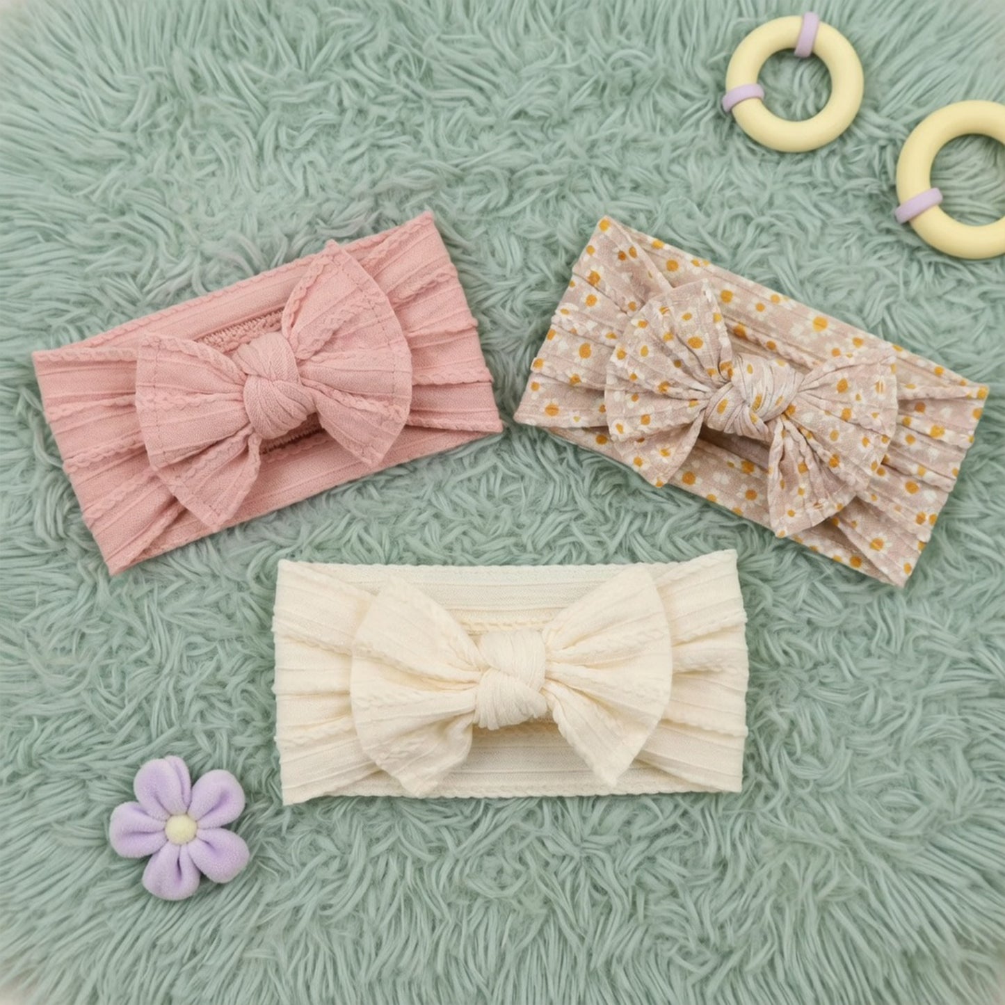 3-Piece Baby Girl Headband Set - Soft Elastic Bow Hair Bands - Newborn Turban & Hair Accessories Gift Pack