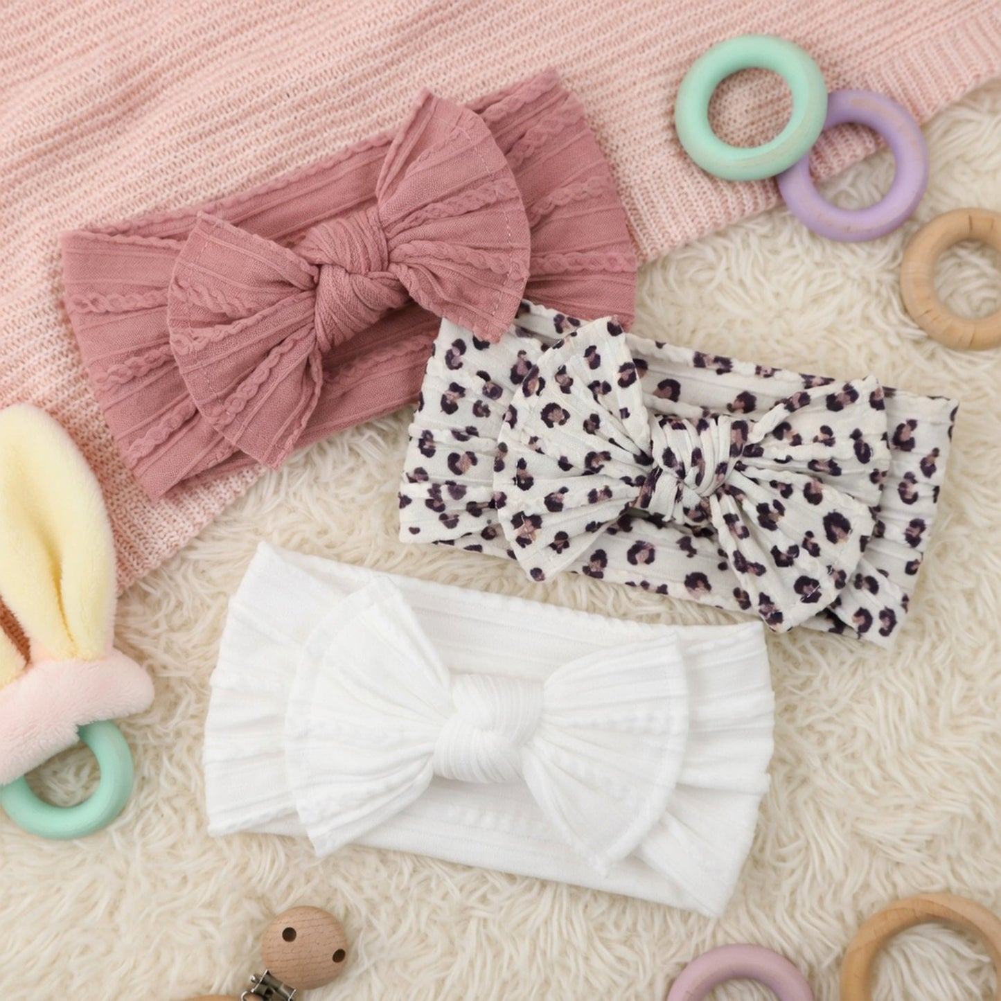 3-Piece Baby Girl Headband Set - Soft Elastic Bow Hair Bands - Newborn Turban & Hair Accessories Gift Pack