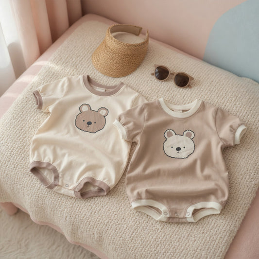 Infant Cartoon Bear Print Romper - Short Sleeve Triangular Bodysuit - Summer Cotton Jumpsuit 0-2Y