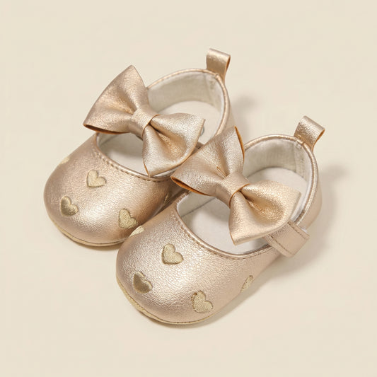 Classic Baby Girl Dress Shoes - Cute Bow-knot & Heart Anti-Slip First Walkers (0-18M)