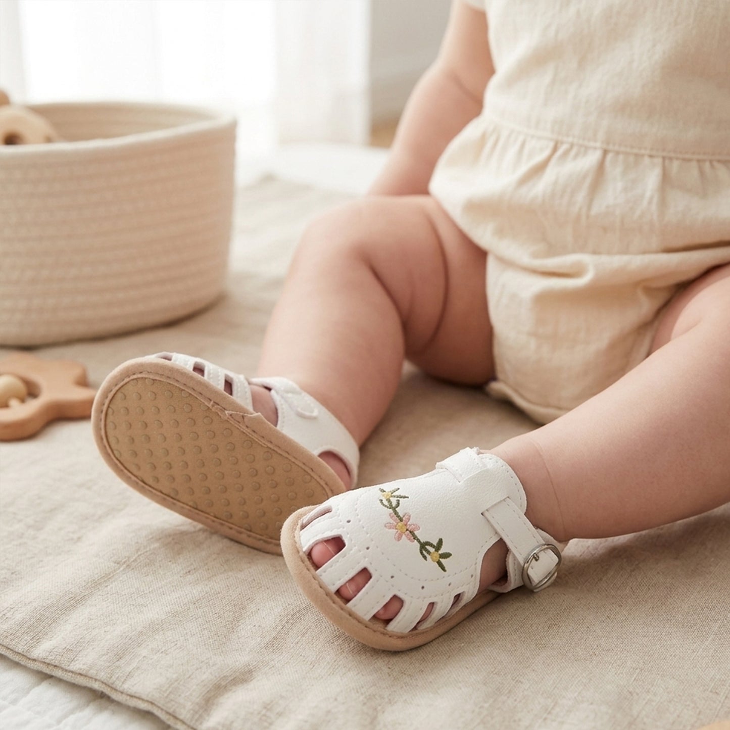 Newborn Summer Leisure Sandals - Lightweight Soft Sole Wrap Toe Summer Shoes - Cute Floral Embroidered First Walkers (0-18M)