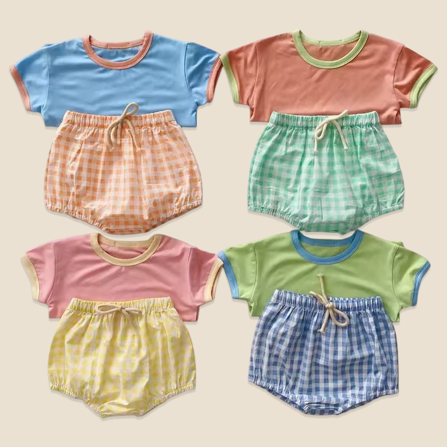 2Pcs Baby Summer Clothing Set - Short Sleeve Tee with Plaid Shorts - Soft Breathable Outfits for Boys & Girls 0-2Y