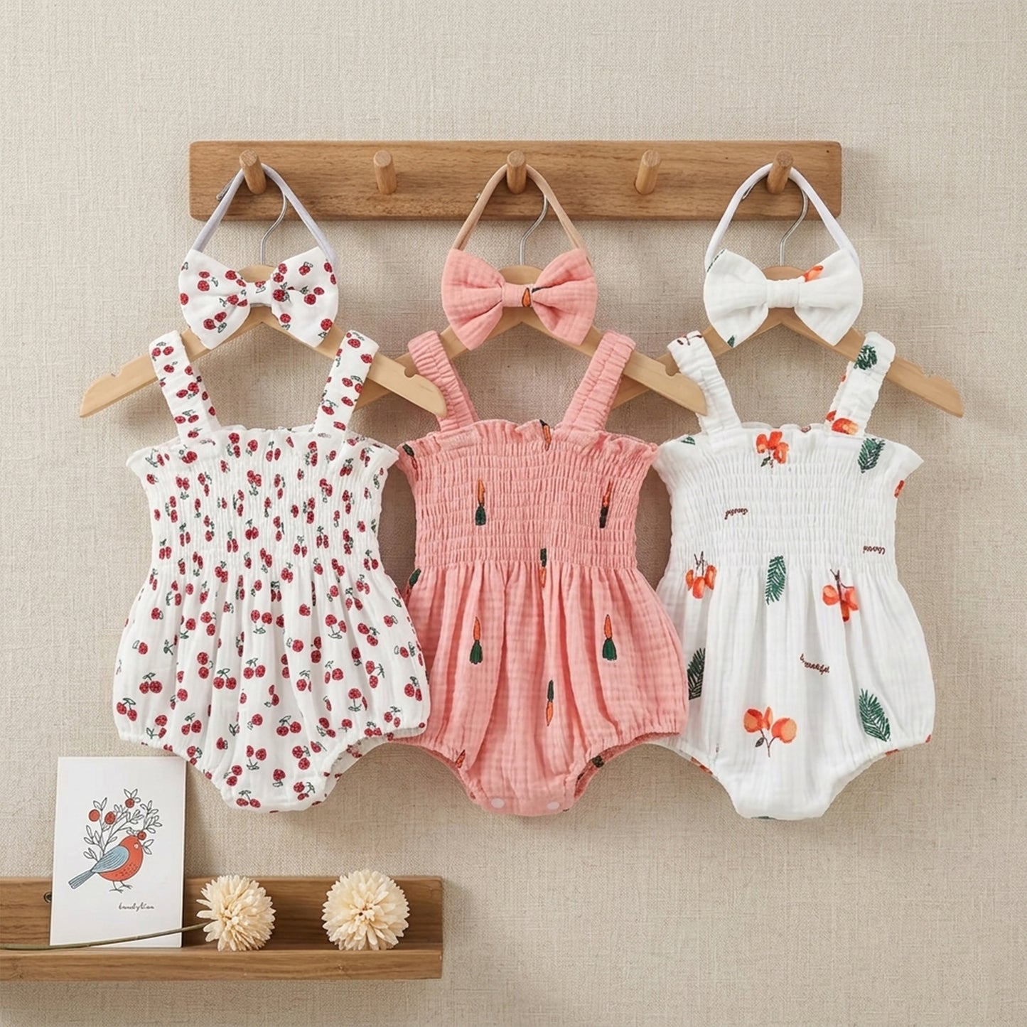 Newborn Baby Girl 2Pcs Summer Set - Sleeveless Printed Jumpsuit with Bow Headband - Soft Breathable Playsuit 0-18 Months