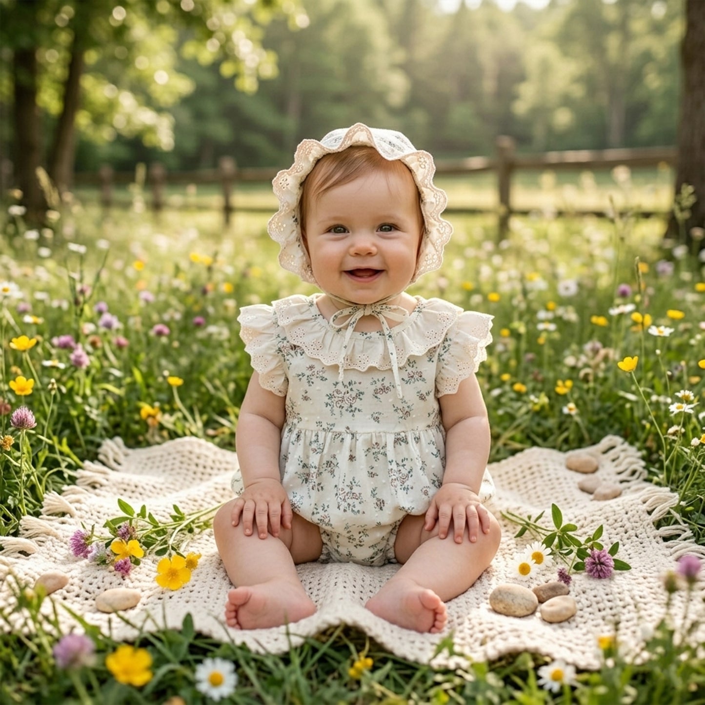 Newborn Girl Flower Print Bodysuit Set - Ruched Fly Sleeve Cotton One-Piece with Gift Hat - Infant Princess Outfit 0-24M