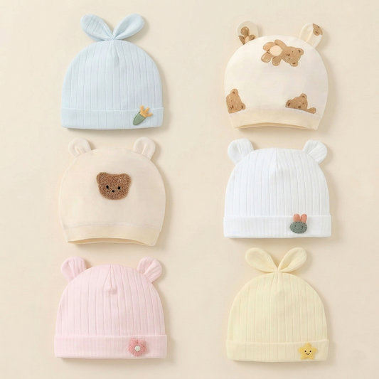 Baby Muslin Beanie Cap - Windproof Newborn Headwear - Soft Cartoon Bear Hat for Infants 0-3 Months