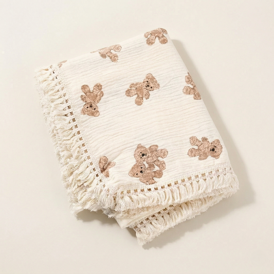 Cute Bear Plaid Muslin Baby Blanket - 100% Cotton Soft Swaddle - Breathable Summer Comforter for Newborns & Infants