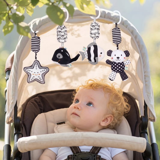 Black & White Baby Stroller Hanging Bell - Plush Visual Training Toy - Newborn Sensory Rattle for Brain Development