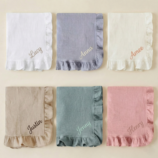 Custom Name Ruffled Edge Baby Blanket - Personalized Cotton Bedding - Multi-functional Swaddle & Bath Towel