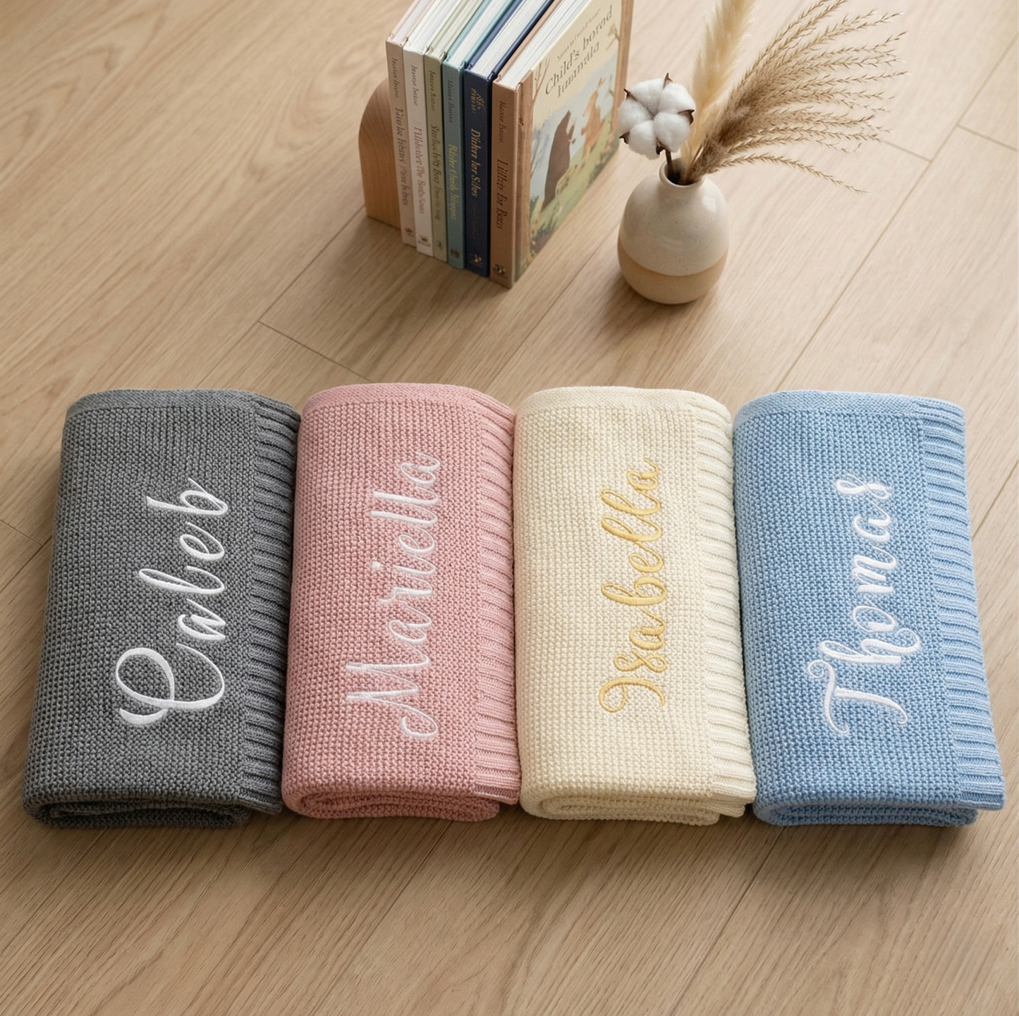 Personalized Baby Blanket - Custom Embroidered Name - Breathable Cotton Knitted Stroller Blanket & Swaddle