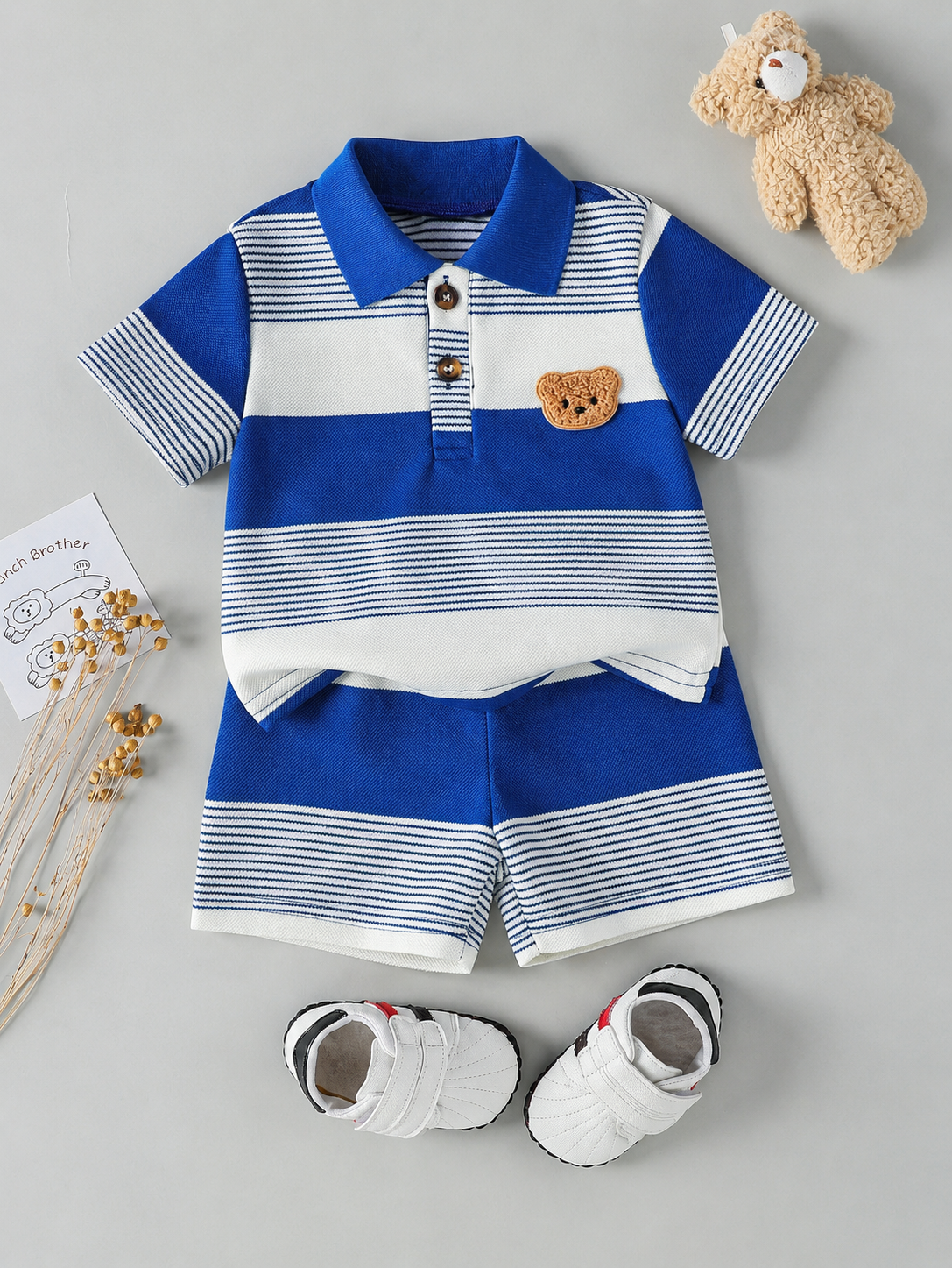 Infant Boys Casual Striped Short Sleeve Polo and Shorts Set with Bear Embroidery