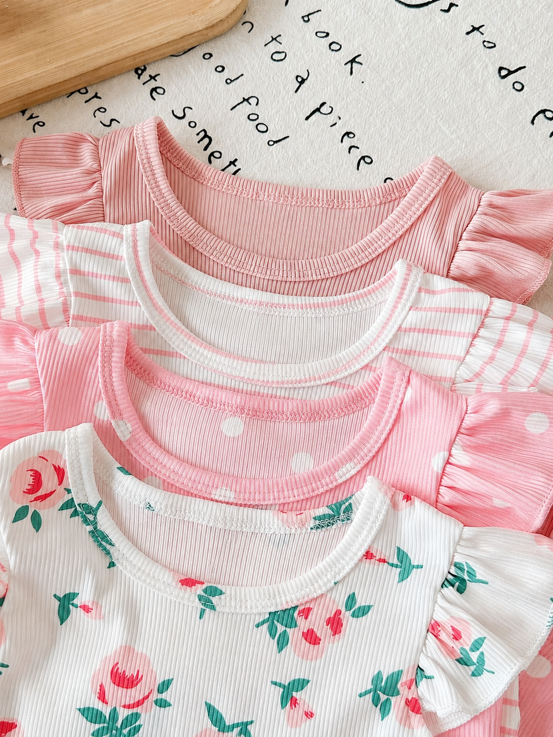 8-Piece Multi-Color Ribbed Short Sleeve Top and Shorts Set for Baby Girls