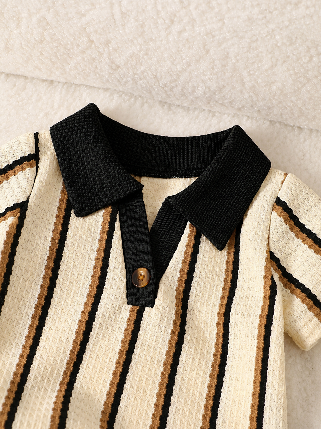 Playful Pals Baby Boy Khaki OOTD: Textured V-Neck and Striped Outfit