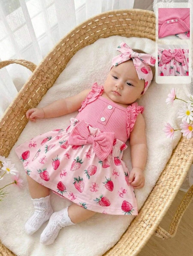 Baby Girl 2026 Summer 3pcs Buttoned Bodysuit and Lemon Skirt Set with Headband