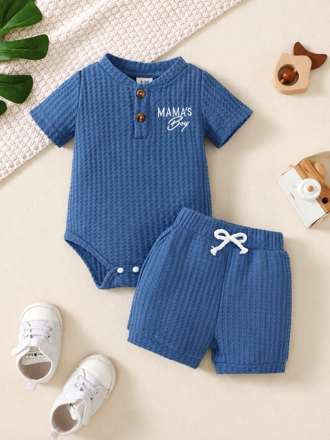 Baby Boy Solid Color Shorts Set - MAMA'S BOY Embroidered Summer Outfits
