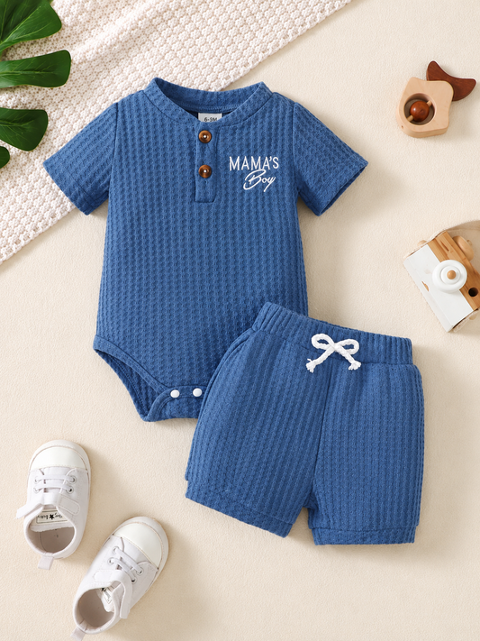 Baby Boy Solid Color Shorts Set - MAMA'S BOY Embroidered Summer Outfits