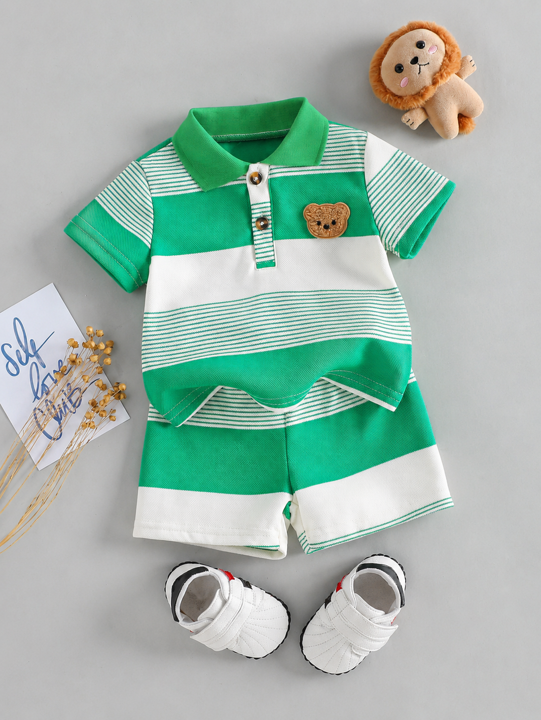 Infant Boys Casual Striped Short Sleeve Polo and Shorts Set with Bear Embroidery