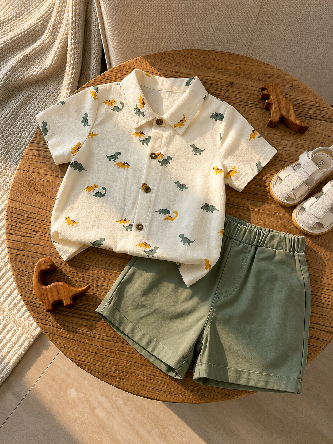 Baby Boy 2pcs Knit Jacquard Summer Set - Short Sleeve Shirt & Elastic Shorts
