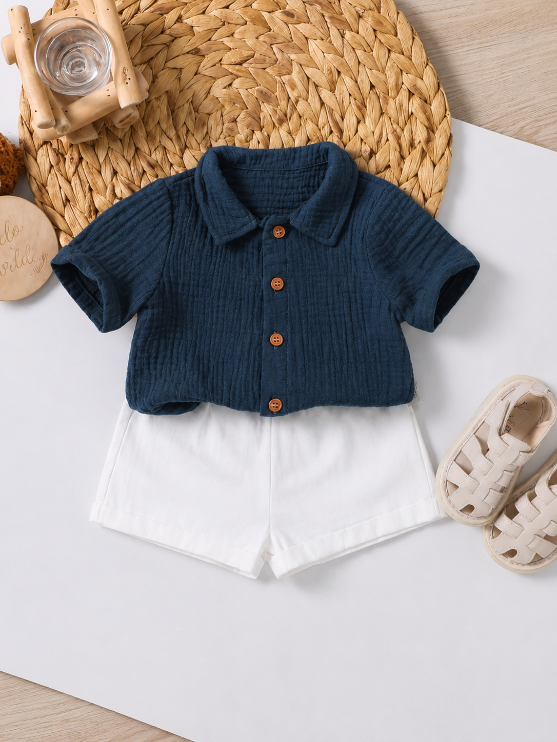 Baby Boy 2pcs Knit Jacquard Summer Set - Short Sleeve Shirt & Elastic Shorts