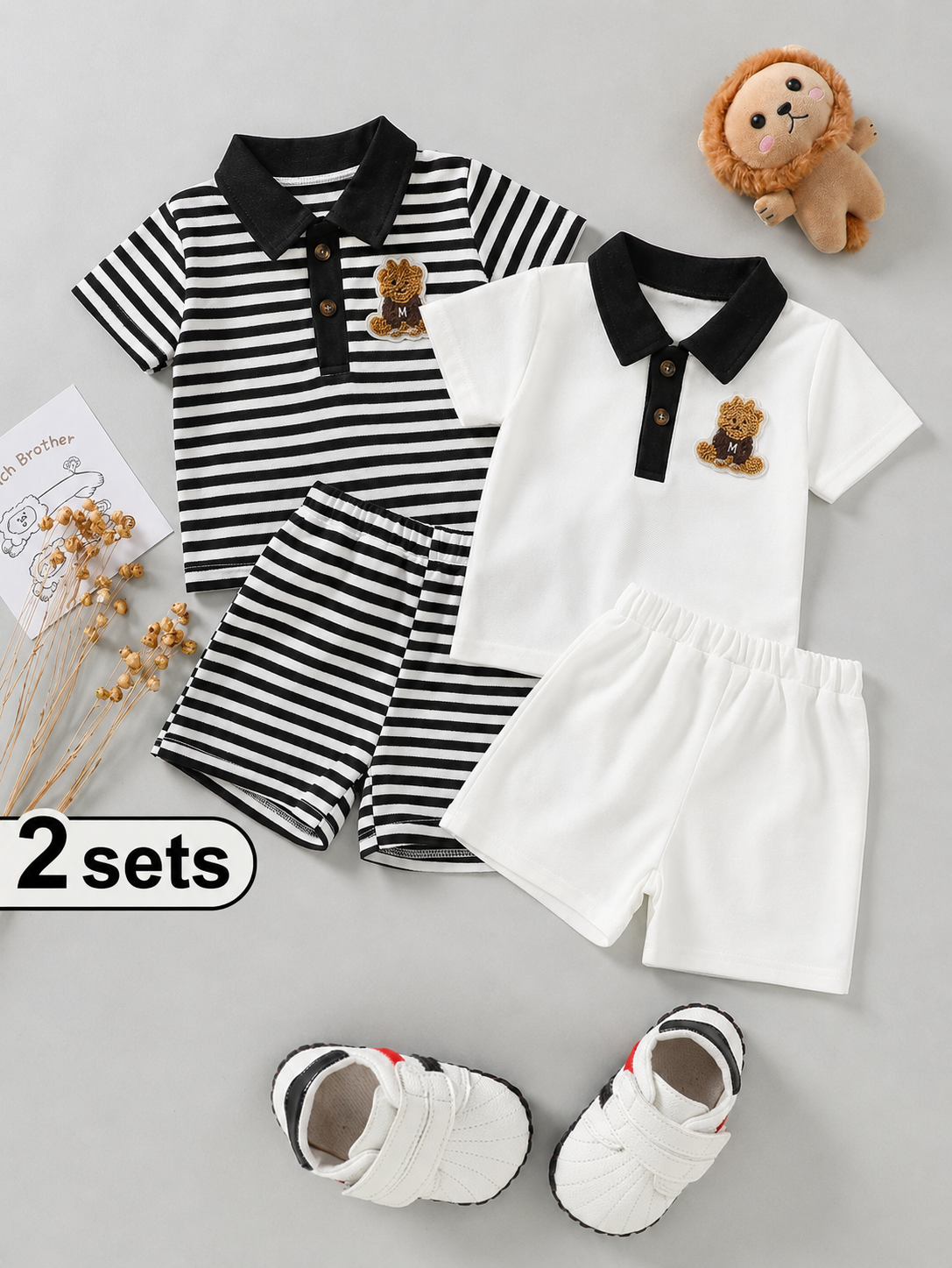 Infant Boys Casual Striped Short Sleeve Polo and Shorts Set with Bear Embroidery